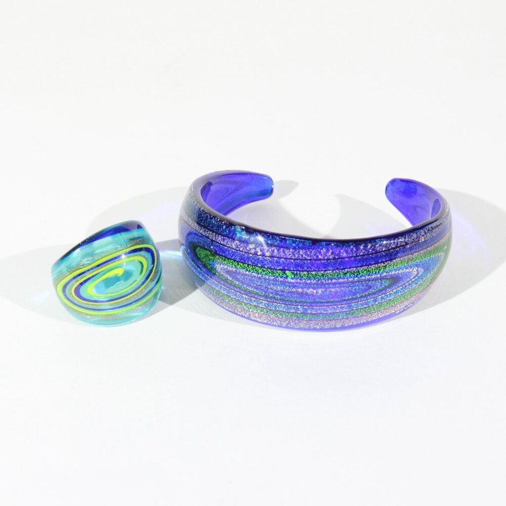 Vintage Handblown Dichroic Glass Ring and Cuff Bracelet